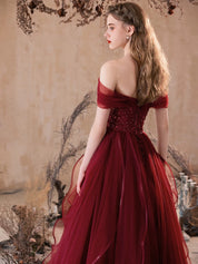 A-Line Sweetheart Neck Floor-Length Tulle Burgundy Prom Dress with Layered Skirt and Floral Accents