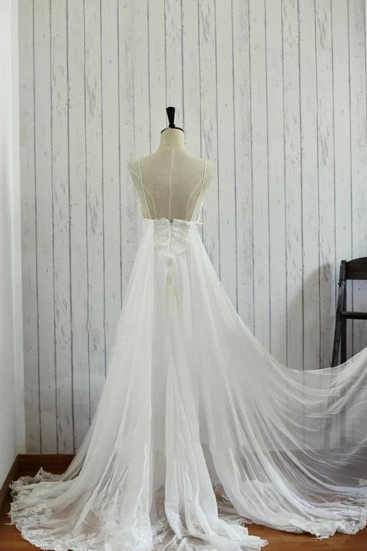 A-Line Backless Chiffon Lace Satin Wedding Dress