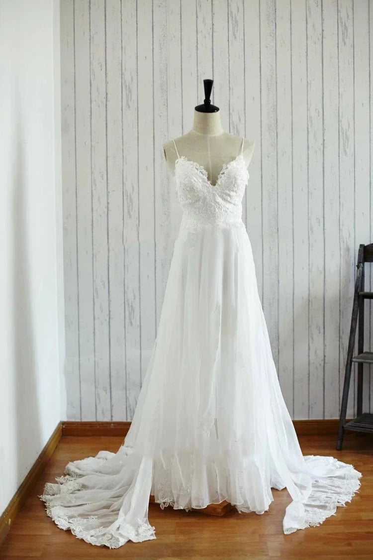 A-Line Backless Chiffon Lace Satin Wedding Dress