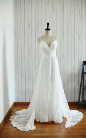 A-Line Backless Chiffon Lace Satin Wedding Dress