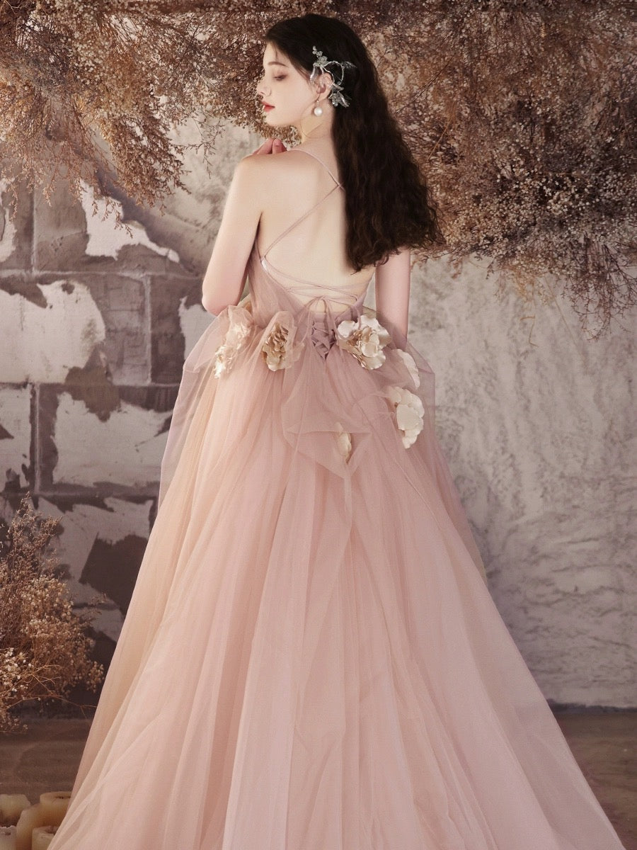 A-Line Blush Sweetheart Neck Floor-Length Tulle Prom Dress with Spaghetti Straps and Floral Waist Detail