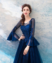 A-Line Illusion Neck Floor-Length Tulle Lace Prom Dress with Long Sleeves and Lace Appliqué