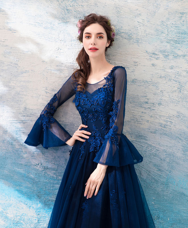 A-Line Illusion Neck Floor-Length Tulle Lace Prom Dress with Long Sleeves and Lace Appliqué