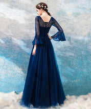 A-Line Illusion Neck Floor-Length Tulle Lace Prom Dress with Long Sleeves and Lace Appliqué