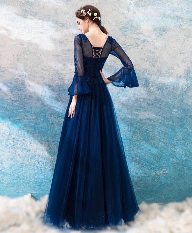 A-Line Illusion Neck Floor-Length Tulle Lace Prom Dress with Long Sleeves and Lace Appliqué