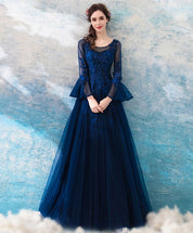 A-Line Illusion Neck Floor-Length Tulle Lace Prom Dress with Long Sleeves and Lace Appliqué