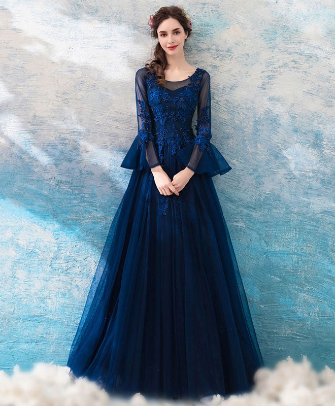 A-Line Illusion Neck Floor-Length Tulle Lace Prom Dress with Long Sleeves and Lace Appliqué