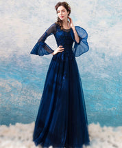 A-Line Illusion Neck Floor-Length Tulle Lace Prom Dress with Long Sleeves and Lace Appliqué