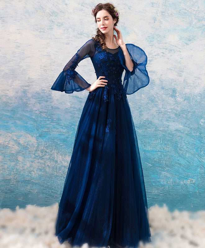 A-Line Illusion Neck Floor-Length Tulle Lace Prom Dress with Long Sleeves and Lace Appliqué