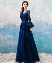 A-Line Illusion Neck Floor-Length Tulle Lace Prom Dress with Long Sleeves and Lace Appliqué
