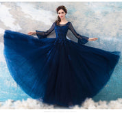 A-Line Illusion Neck Floor-Length Tulle Lace Prom Dress with Long Sleeves and Lace Appliqué