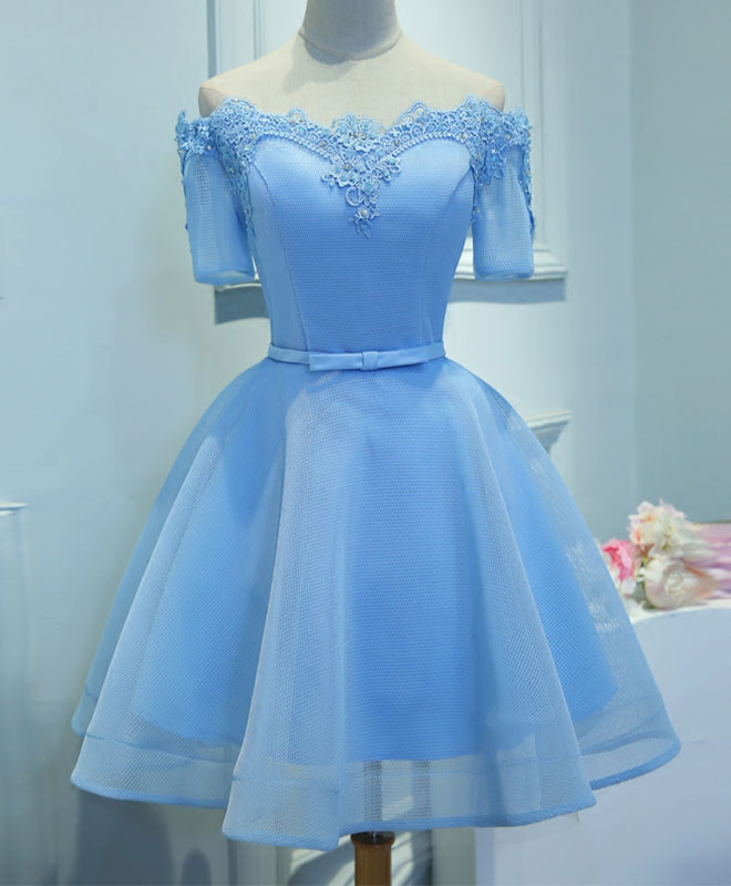A-line Off-the-Shoulder Knee-Length Tulle & Lace Homecoming Dress with Lace-Up Back