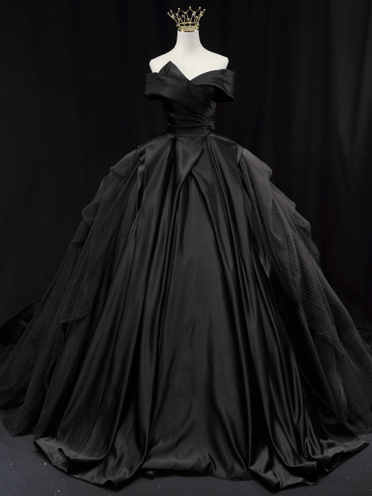 Ball Gown Off-the-Shoulder Floor-Length Tulle & Satin Draped Skirt Royal Blue Prom Dress