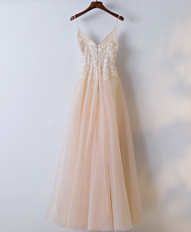 A-Line V-Neck Floor-Length Tulle & Lace Embroidered Prom Dress