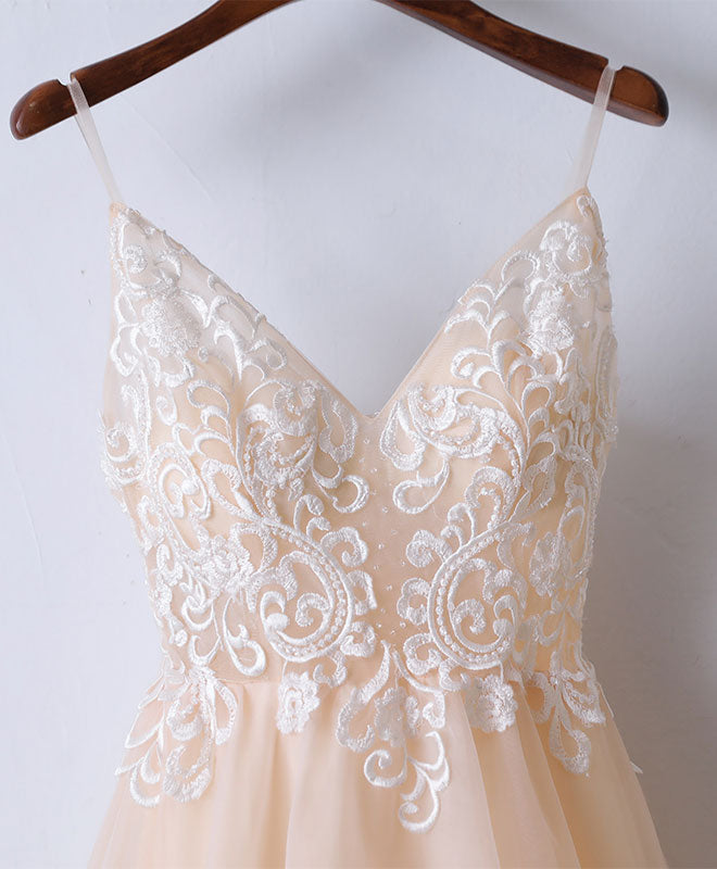 A-Line V-Neck Floor-Length Tulle & Lace Embroidered Prom Dress