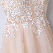 A-Line V-Neck Floor-Length Tulle & Lace Embroidered Prom Dress