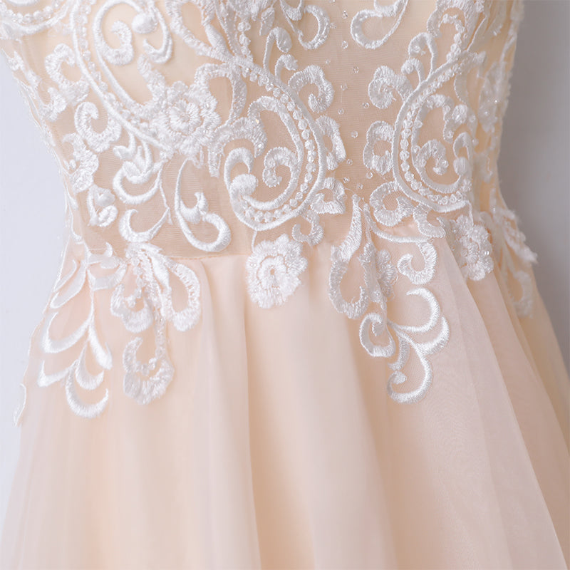 A-Line V-Neck Floor-Length Tulle & Lace Embroidered Prom Dress