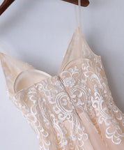 A-Line V-Neck Floor-Length Tulle & Lace Embroidered Prom Dress