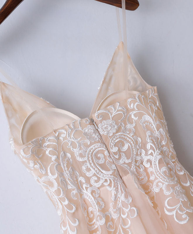 A-Line V-Neck Floor-Length Tulle & Lace Embroidered Prom Dress