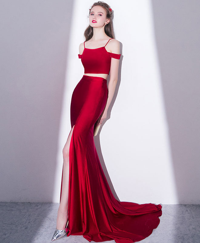 Mermaid Spaghetti Straps Floor-Length Satin Prom Dress with Two-Piece Design and Slit