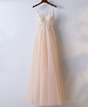 A-Line V-Neck Floor-Length Tulle & Lace Embroidered Prom Dress
