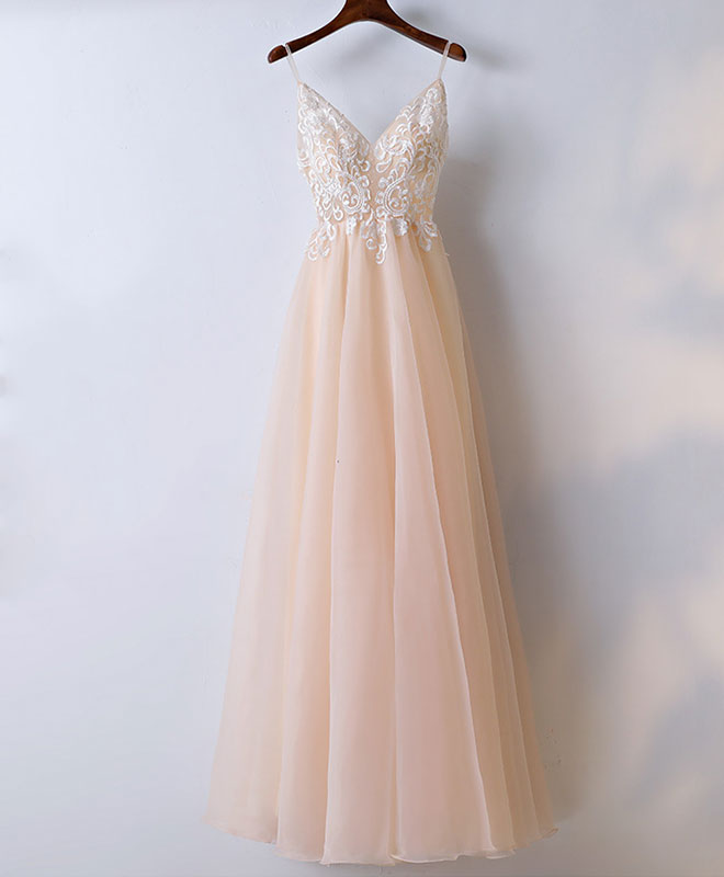 A-Line V-Neck Floor-Length Tulle & Lace Embroidered Prom Dress