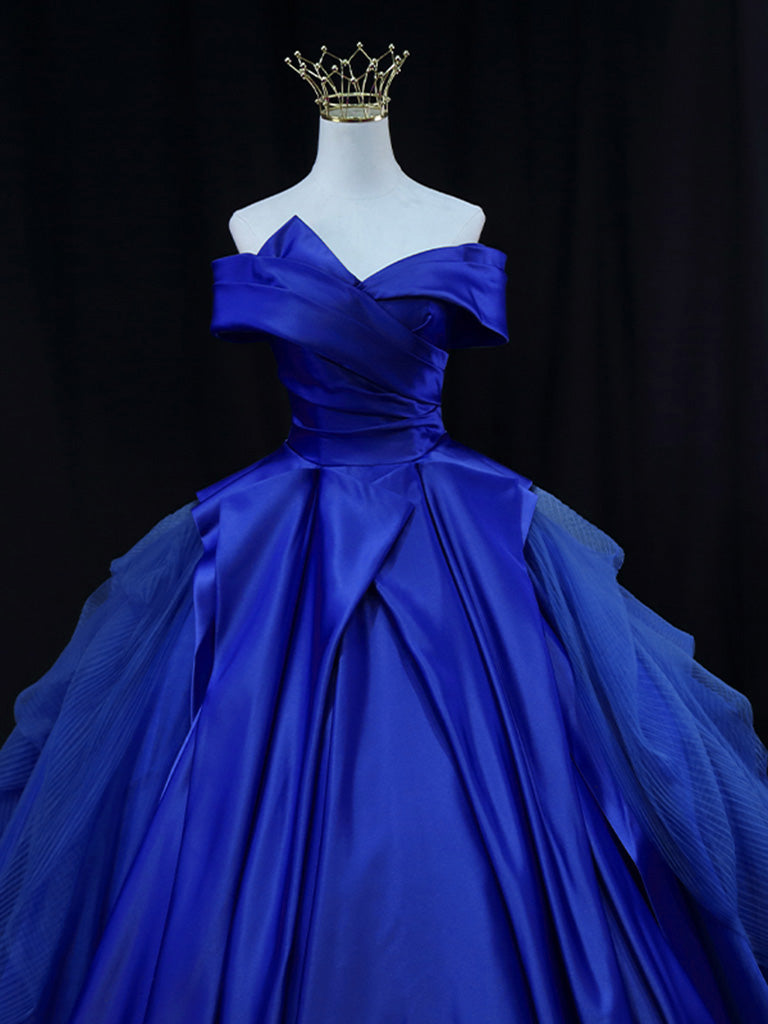 Ball Gown Off-the-Shoulder Floor-Length Tulle & Satin Draped Skirt Royal Blue Prom Dress