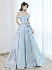 A-Line Off Shoulder Satin Tulle Blue Long Prom Dress, Blue Long Formal Dress