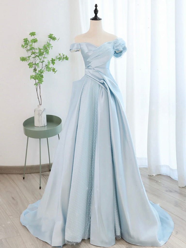 A-Line Off Shoulder Satin Tulle Blue Long Prom Dress, Blue Long Formal Dress