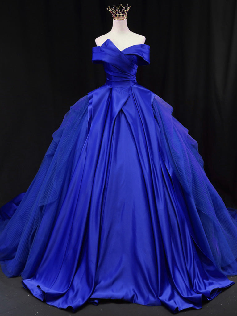 Ball Gown Off-the-Shoulder Floor-Length Tulle & Satin Draped Skirt Royal Blue Prom Dress