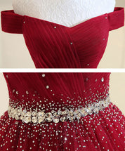 A-Line Off-the-Shoulder Floor-Length Tulle & Beaded Prom Dress with Crystal Waist