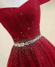 A-Line Off-the-Shoulder Floor-Length Tulle & Beaded Prom Dress with Crystal Waist