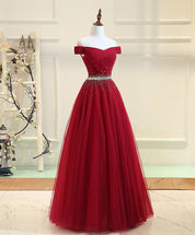 A-Line Off-the-Shoulder Floor-Length Tulle & Beaded Prom Dress with Crystal Waist