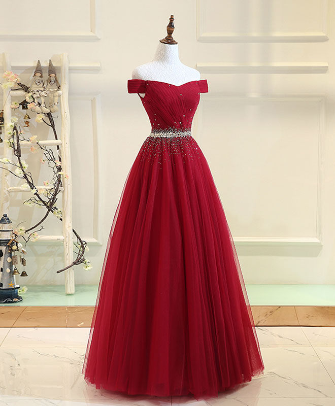 A-Line Off-the-Shoulder Floor-Length Tulle & Beaded Prom Dress with Crystal Waist