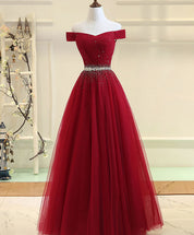 A-Line Off-the-Shoulder Floor-Length Tulle & Beaded Prom Dress with Crystal Waist