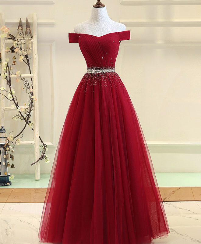 A-Line Off-the-Shoulder Floor-Length Tulle & Beaded Prom Dress with Crystal Waist
