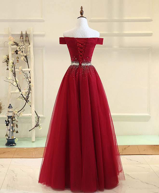 A-Line Off-the-Shoulder Floor-Length Tulle & Beaded Prom Dress with Crystal Waist