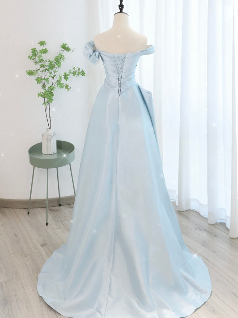 A-Line Off Shoulder Satin Tulle Blue Long Prom Dress, Blue Long Formal Dress
