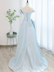 A-Line Off Shoulder Satin Tulle Blue Long Prom Dress, Blue Long Formal Dress