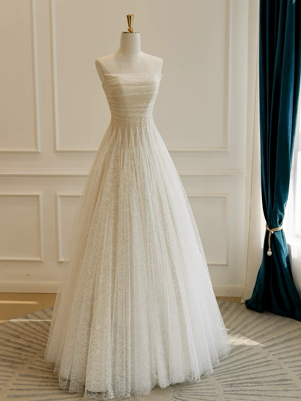 A-Line Strapless Floor-Length Tulle Sequin Prom Dress with Subtle Shimmer Texture