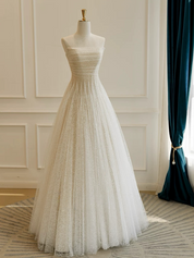 A-Line Strapless Floor-Length Tulle Sequin Prom Dress with Subtle Shimmer Texture