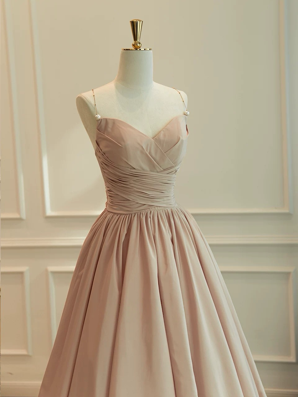 A-Line V Neck Taffeta Champagne Long Prom Dress, Champagne Long Evening Dress