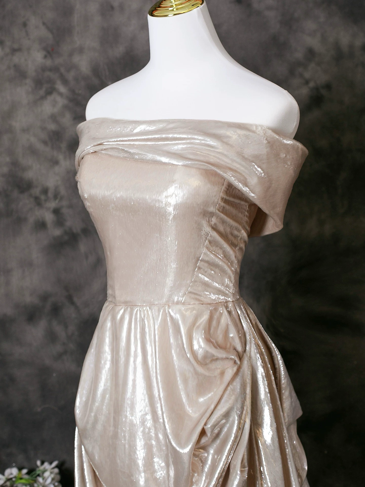 A-Line Off Shoulder Satin Champagne Long Prom Dress with Lace-Up Back