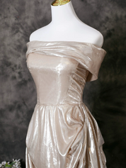 A-Line Off Shoulder Satin Champagne Long Prom Dress with Lace-Up Back