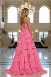 A-Line Sweetheart Floor-Length Hot Pink Chiffon Tiered Ruffle Prom Dress
