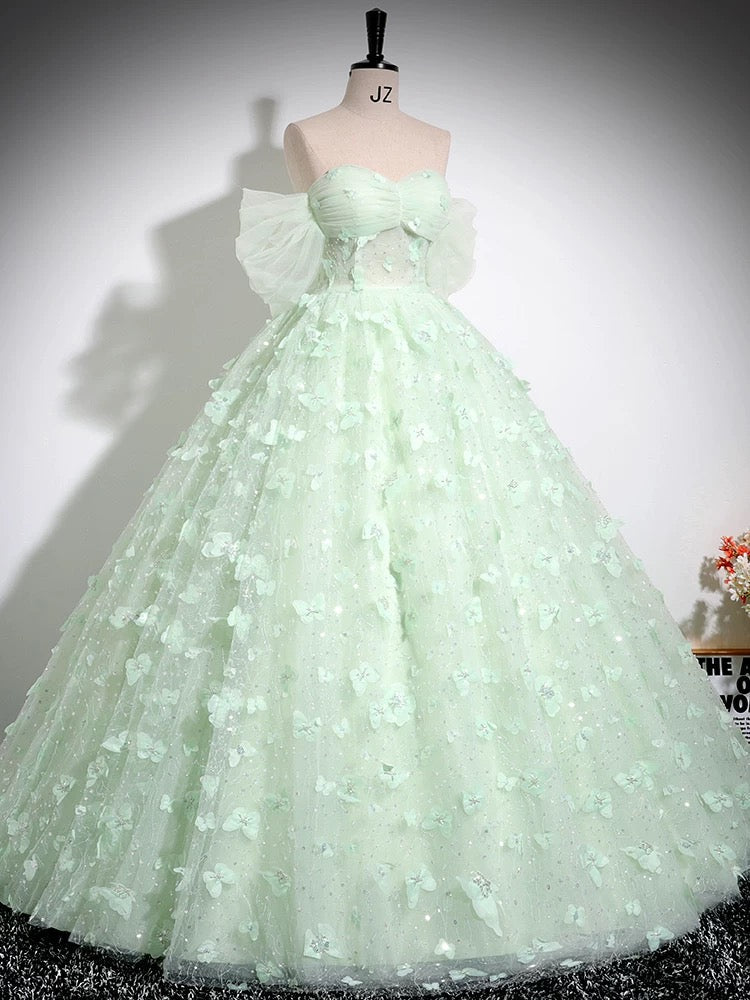 Ball Gown Sweetheart Neckline Floor-Length Mint Tulle Lace Prom Dress with 3D Floral Appliqué