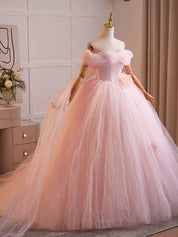 A-Line Off Shoulder Tulle Pink Long Prom Dress, Pink Tulle Long Sweet 16 Dress