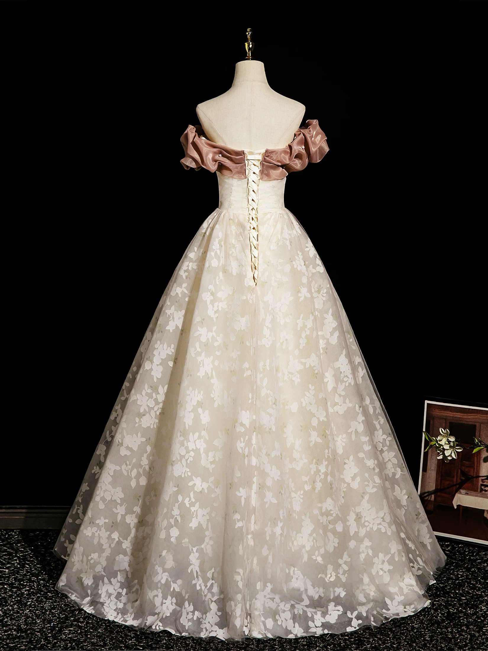 A-Line Off Shoulder Tulle Lace Champagne Long Prom Dress with Lace-Up Back