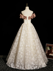 A-Line Off Shoulder Tulle Lace Champagne Long Prom Dress with Lace-Up Back