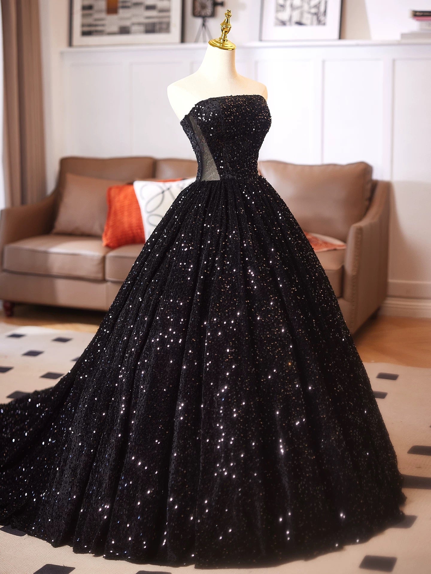 A-Line Velvet Sequin Black Long Prom Dress with Lace-Up Back